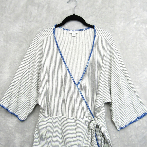 Sundance Wrap Top Womens Large White Gray Striped Belted Surplice Wide Sleeve - Picture 4 of 14